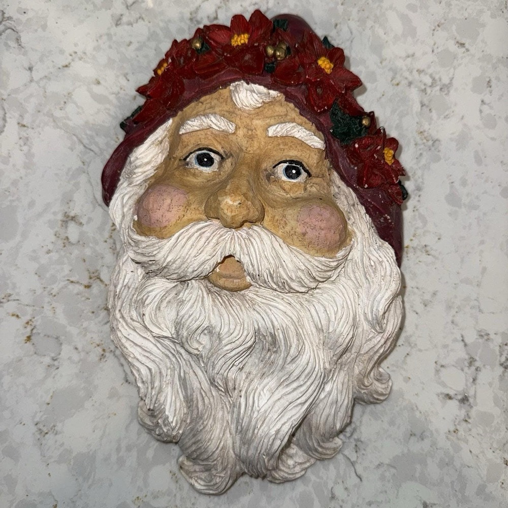 Vintage Style Santa Claus Face Wall Plaque Poinsettia Hat Christmas Decor 9.5in